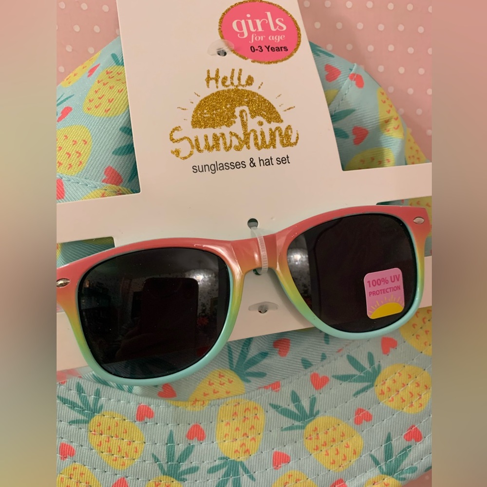 Girls bucket hat & sunglasses 100%UV 0-3 yrs age pineapples ombre color glasses